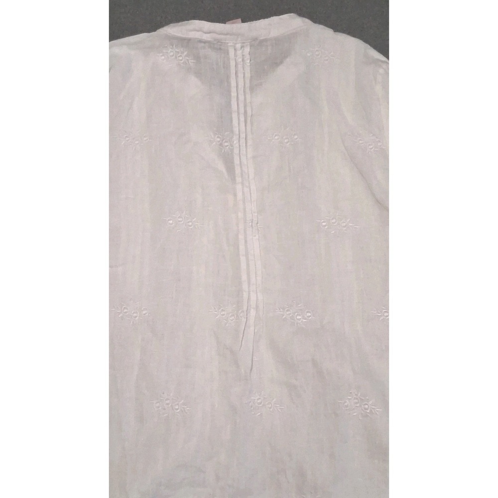 Saint Tropez West M White Linen Tunic Top Floral Embroidery Pintuck Tab Sleeve - Picture 5 of 8
